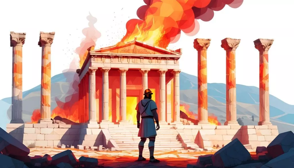 Draw A Surrealistic Double Exposure Bright Colors Photograph Man Set Fire To The Temple Of Artemis In Ephesus The Background Should Be White And Minimalistic Detailed And Photorealistic Image Scaled 1